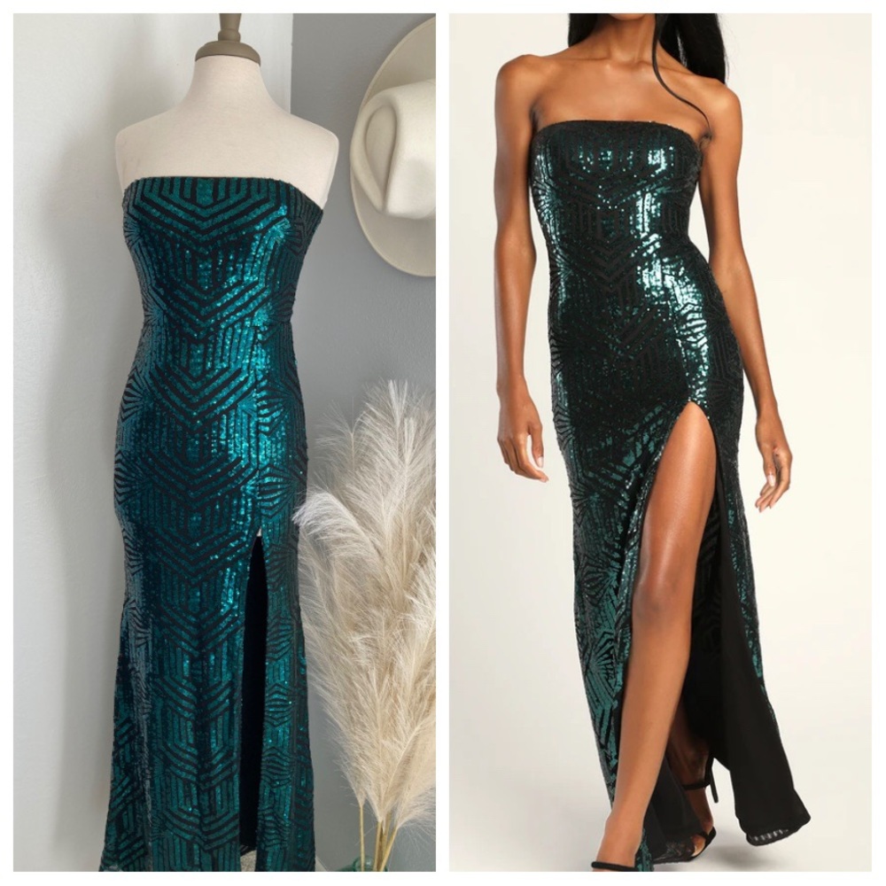 ❤️ Lulus Teal and Black Sequin Strapless Maxi Dress
